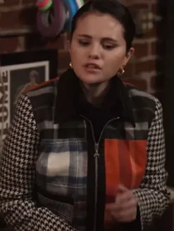 Close-up of Only Murders In The Building S03 Selena Gomez Wool Tartan Jacket