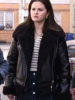 Close-up of Only Murders In The Building S04 Black Shearling Leather Jacket