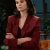 Close-up of Only Murders In The Building S05 Burgundy Suiting Fabric Blazer