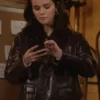 Close-up of Only Murders In The Building S05 Selena Gomez Brown Leather Jacket