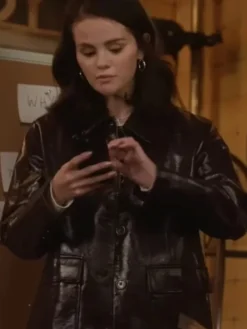Close-up of Only Murders In The Building S05 Selena Gomez Brown Leather Jacket