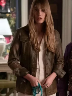 Close-up of Only Murders in the Building S04 Helga Heino Brown Leather Jacket