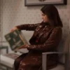 Close-up of Only Murders in the Building S04 Selena Gomez Brown Leather Coat
