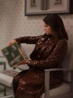 Close-up of Only Murders in the Building S04 Selena Gomez Brown Leather Coat
