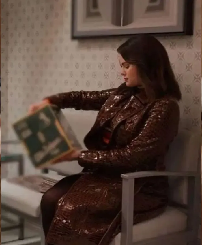 Close-up of Only Murders in the Building S04 Selena Gomez Brown Leather Coat