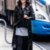 Close-up of Only Murders in the Building S05 Selena Gomez Black Studded Coat