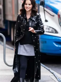 Close-up of Only Murders in the Building S05 Selena Gomez Black Studded Coat