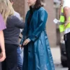 Close-up of Only Murders in the Building S05 Selena Gomez Blue Leather Coat