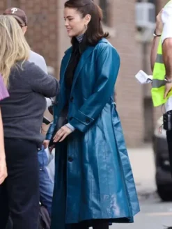 Close-up of Only Murders in the Building S05 Selena Gomez Blue Leather Coat