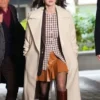 Close-up of Only Murders in the Building Selena Gomez Beige Leather Coat