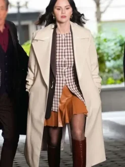 Close-up of Only Murders in the Building Selena Gomez Beige Leather Coat