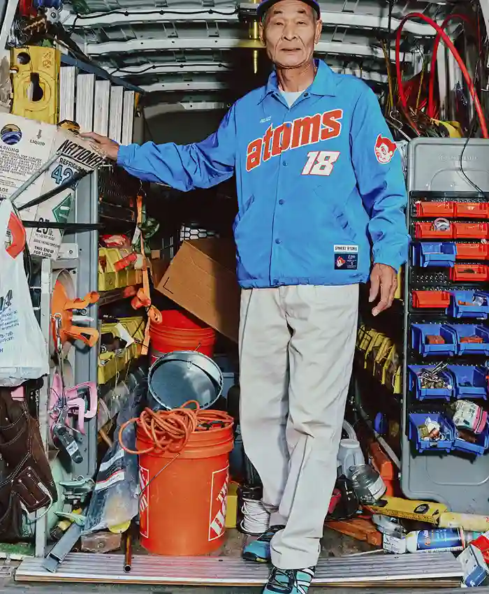 Close-up of Palace x Field Autumn 2026 Atoms 18 Blue Nylon Coach Jacket
