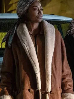 Close-up of Patina Miller Power Book III Raising Kanan Brown Shearling Leather Coat