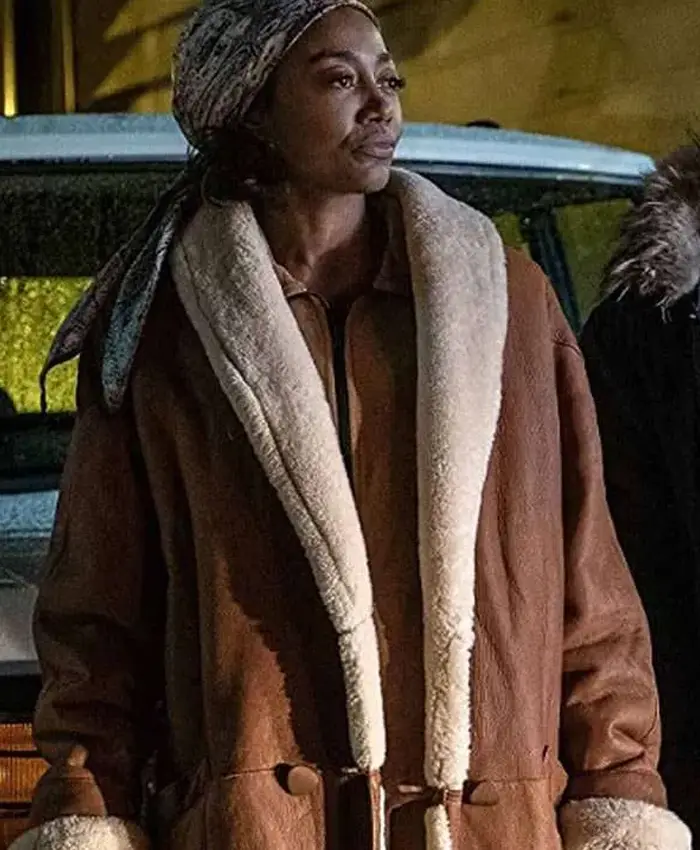 Close-up of Patina Miller Power Book III Raising Kanan Brown Shearling Leather Coat