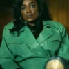 Close-up of Patina Miller Power Book III Raising Kanan S03 Green Cropped Leather Jacket