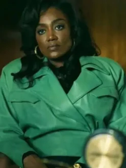 Close-up of Patina Miller Power Book III Raising Kanan S03 Green Cropped Leather Jacket