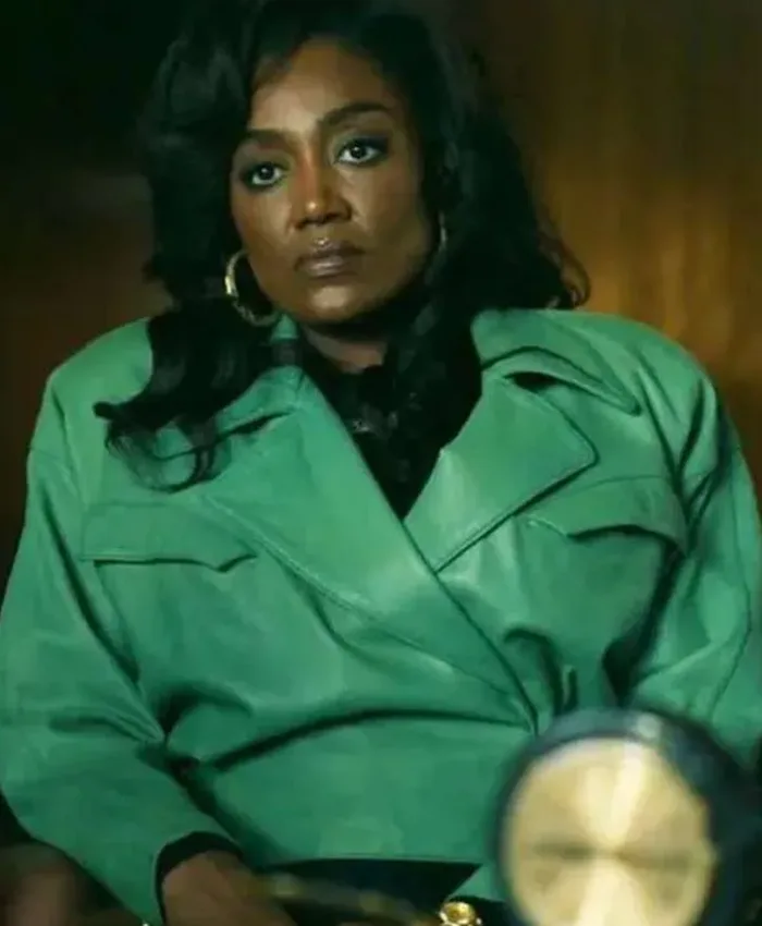 Close-up of Patina Miller Power Book III Raising Kanan S03 Green Cropped Leather Jacket