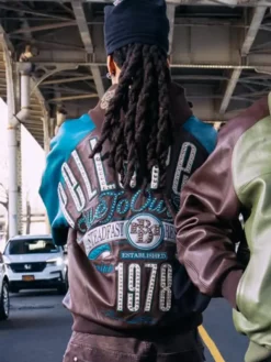 Close-up of Pelle Pelle Fall 2026 True To Our Roots Brown And Teal Leather Bomber Jacket