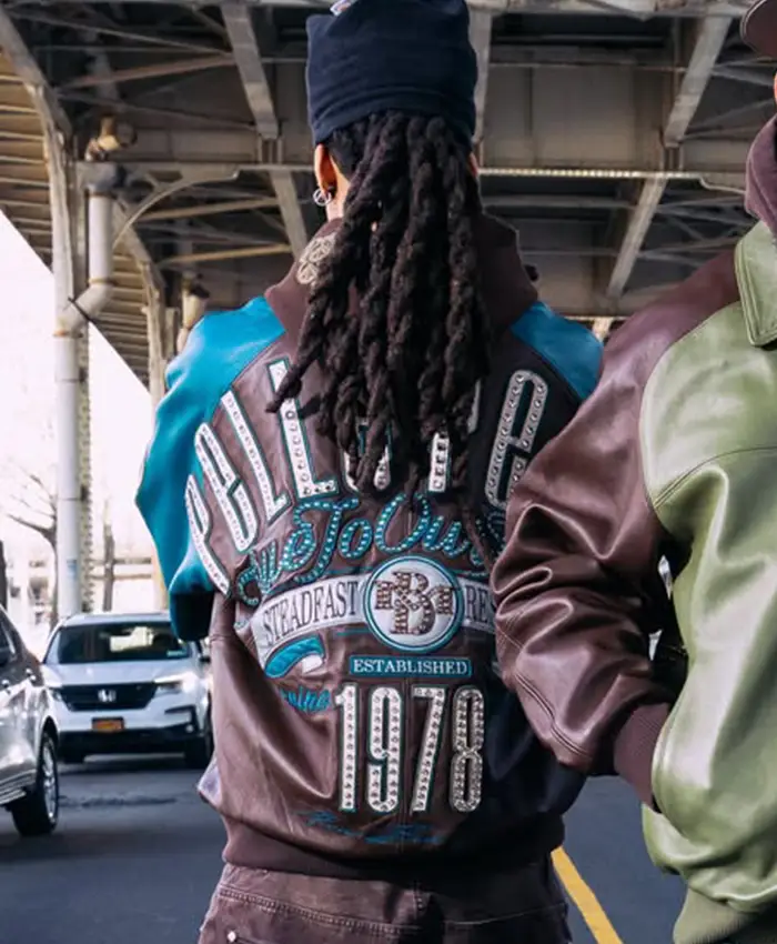 Close-up of Pelle Pelle Fall 2026 True To Our Roots Brown And Teal Leather Bomber Jacket
