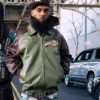 Close-up of Pelle Pelle Fall 2026 True To Our Roots Green And Brown Leather Bomber Jacket