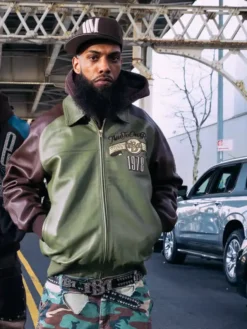 Close-up of Pelle Pelle Fall 2026 True To Our Roots Green And Brown Leather Bomber Jacket