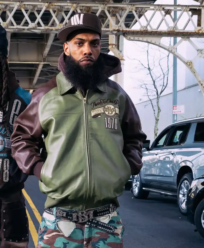 Close-up of Pelle Pelle Fall 2026 True To Our Roots Green And Brown Leather Bomber Jacket