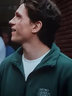Close-up of Peter Parker Spider-Man Brand New Day Tom Holland Green Wool Jacket