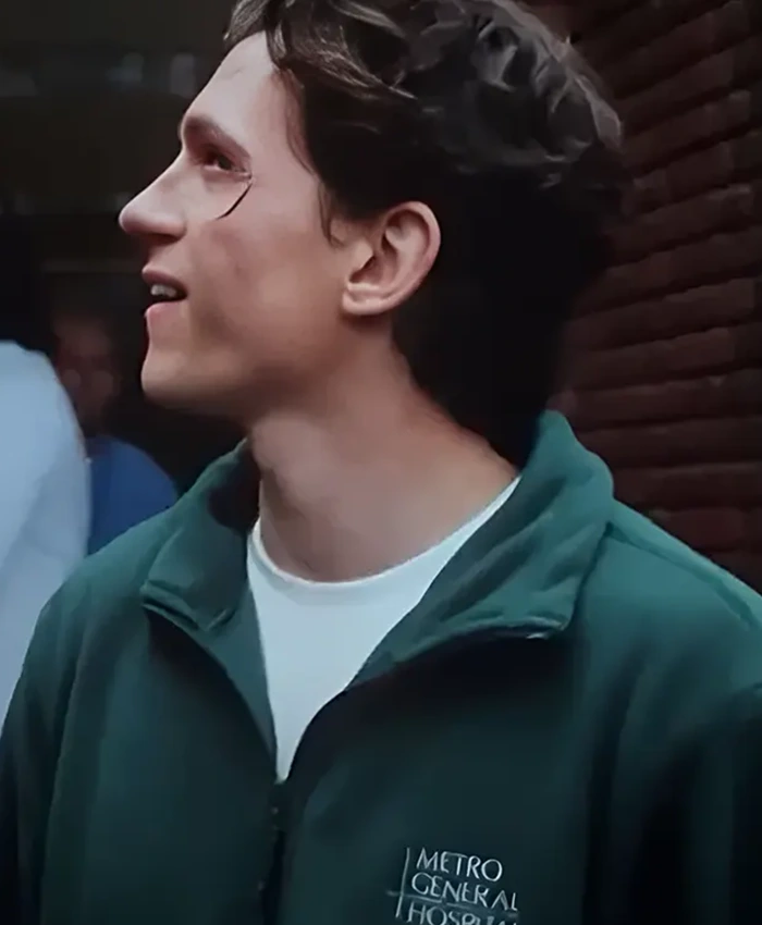 Close-up of Peter Parker Spider-Man Brand New Day Tom Holland Green Wool Jacket