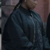 Close-up of Power Book III Raising Kanan 2026 Hailey Kilgore Black Satin Bomber Jacket
