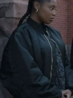 Close-up of Power Book III Raising Kanan 2026 Hailey Kilgore Black Satin Bomber Jacket