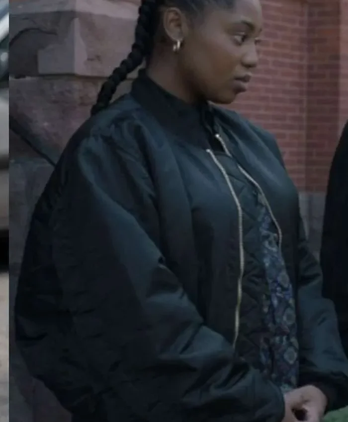 Close-up of Power Book III Raising Kanan 2026 Hailey Kilgore Black Satin Bomber Jacket