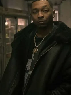 Close-up of Power Book III Raising Kanan Malcolm M. Mays Black Shearling Leather Jacket