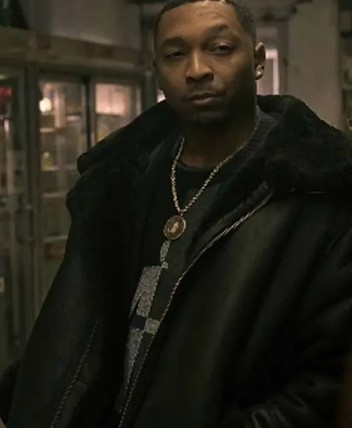 Close-up of Power Book III Raising Kanan Malcolm M. Mays Black Shearling Leather Jacket