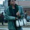 Close-up of Power Book III Raising Kanan Patina Miller Blue Shearling Leather Jacket