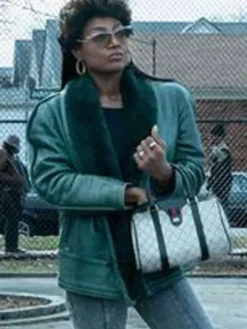Close-up of Power Book III Raising Kanan Patina Miller Blue Shearling Leather Jacket