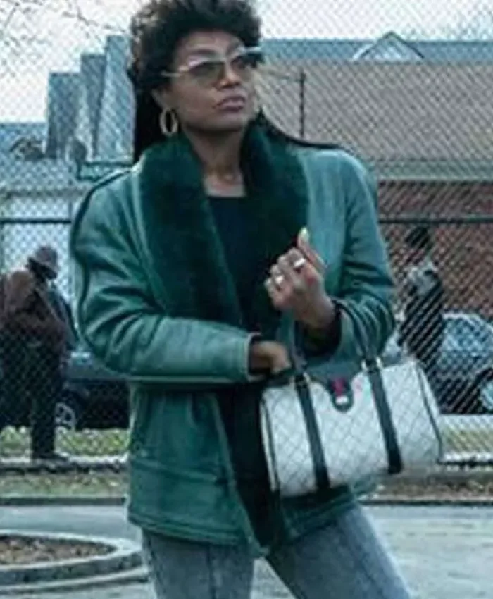 Close-up of Power Book III Raising Kanan Patina Miller Blue Shearling Leather Jacket