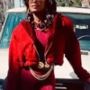 Close-up of Raquel Thomas Power Book III Raising Kanan Maroon Fleece Hooded Jacket