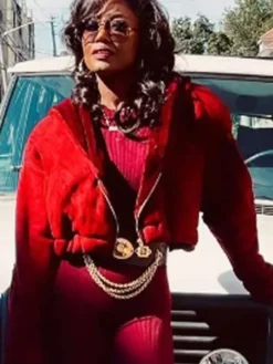 Close-up of Raquel Thomas Power Book III Raising Kanan Maroon Fleece Hooded Jacket