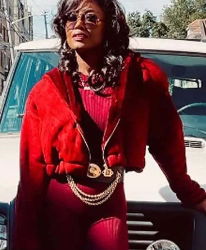 Close-up of Raquel Thomas Power Book III Raising Kanan Maroon Fleece Hooded Jacket