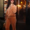 Close-up of Rihanna New York City Caramel Chloé Velvet Tracksuit