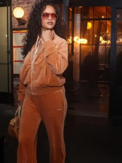 Close-up of Rihanna New York City Caramel Chloé Velvet Tracksuit