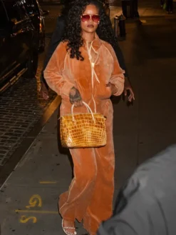 Close-up of Rihanna New York City Chloé Caramel Velvet Tracksuit