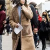 Close-up of Selena Gomez Only Murders In The Building Brown Shearling Suede Leather Coat