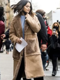 Close-up of Selena Gomez Only Murders In The Building Brown Shearling Suede Leather Coat