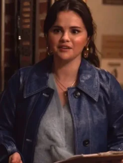 Close-up of Selena Gomez Only Murders In The Building S03 Blue Leather Coat