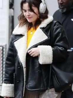 Close-up of Selena Gomez Only Murders In The Building S04 Shearling Leather Jacket