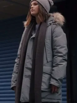 Close-up of Selena Gomez Only Murders in the Building S02 Grey Hooded Jacket