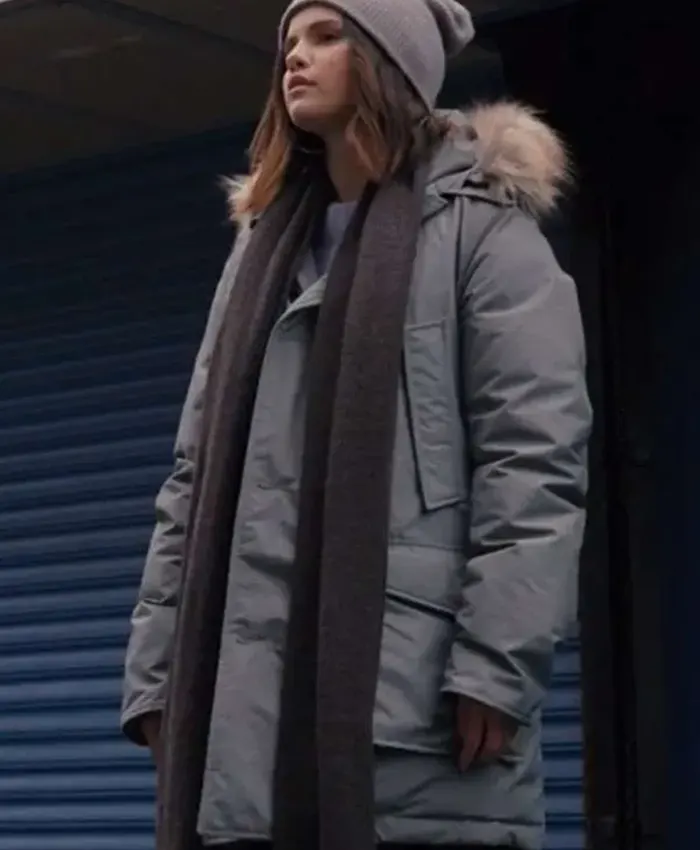 Close-up of Selena Gomez Only Murders in the Building S02 Grey Hooded Jacket