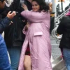 Close-up of Selena Gomez Only Murders in the Building S03 Pink Puffer Coat