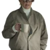 Close-up of Series Lucky S01 Annette Bening Beige Cotton Bomber Jacket